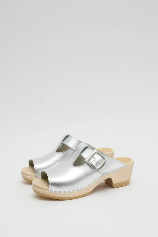 No.6 Store T Strap Clog on Mid Heel in Silver