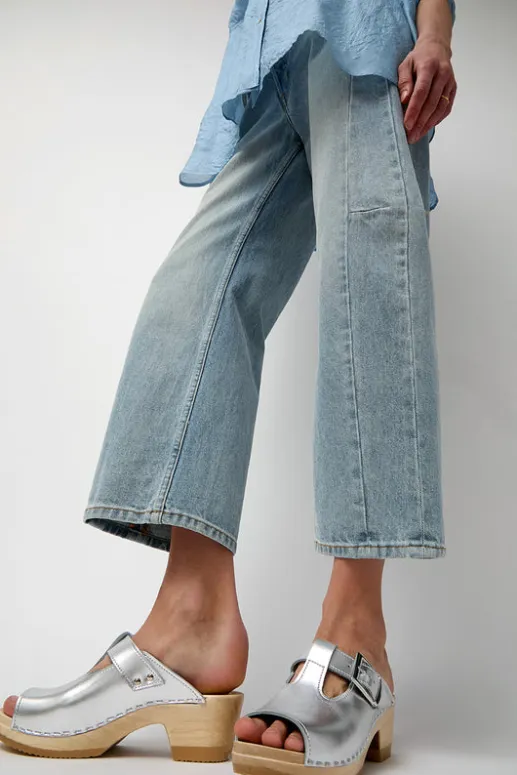 No.6 Store T Strap Clog on Mid Heel in Silver