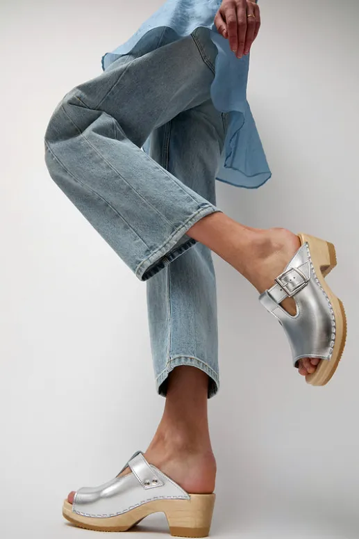 No.6 Store T Strap Clog on Mid Heel in Silver