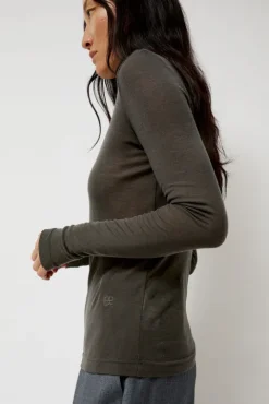 No.6 Store Thin Ribbed Roll Neck Top in Dark Gray