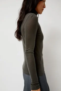 No.6 Store Thin Ribbed Roll Neck Top in Dark Gray