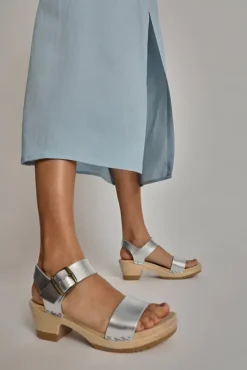 No.6 Store Two Strap Clog on Mid Heel in Silver