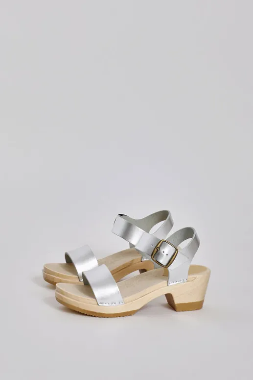 No.6 Store Two Strap Clog on Mid Heel in Silver