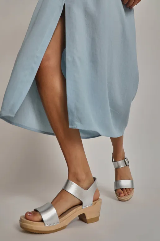 No.6 Store Two Strap Clog on Mid Heel in Silver