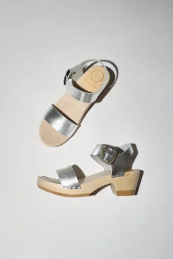 No.6 Store Two Strap Clog on Mid Heel in Silver