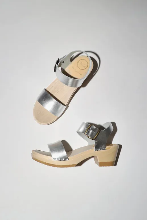 No.6 Store Two Strap Clog on Mid Heel in Silver