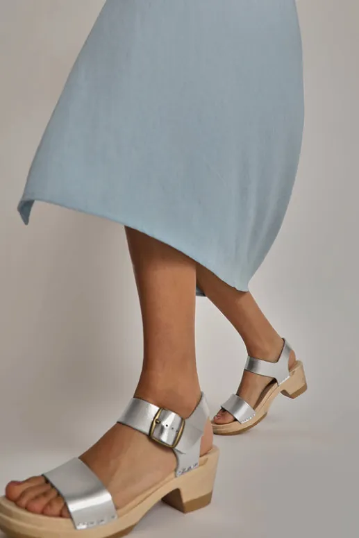 No.6 Store Two Strap Clog on Mid Heel in Silver