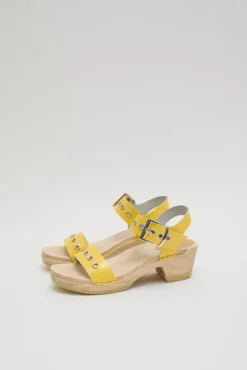No.6 Store Two Strap Clog on Mid Heel in Yellow Patent with Eyelets
