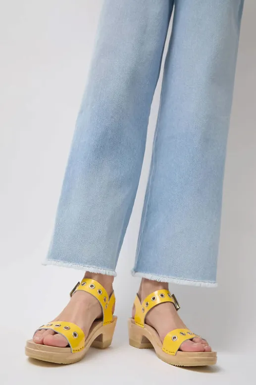 No.6 Store Two Strap Clog on Mid Heel in Yellow Patent with Eyelets