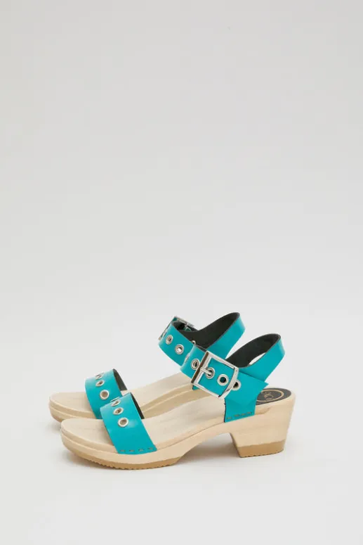 No.6 Store Two Strap Clog on Mid Heel in Turquoise Patent with Eyelets